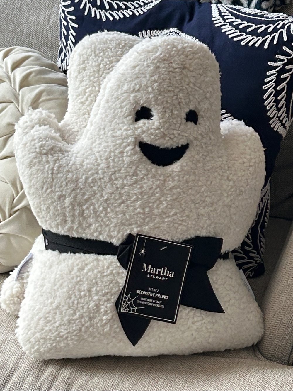 NEW! Large Set /2 Mr & Mrs Halloween Boo Ghost Plush Throw Pillow Set